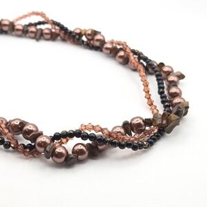 Beaded 3-Strand Statement Necklace Faux Pearls Brown Bronze Black Beads